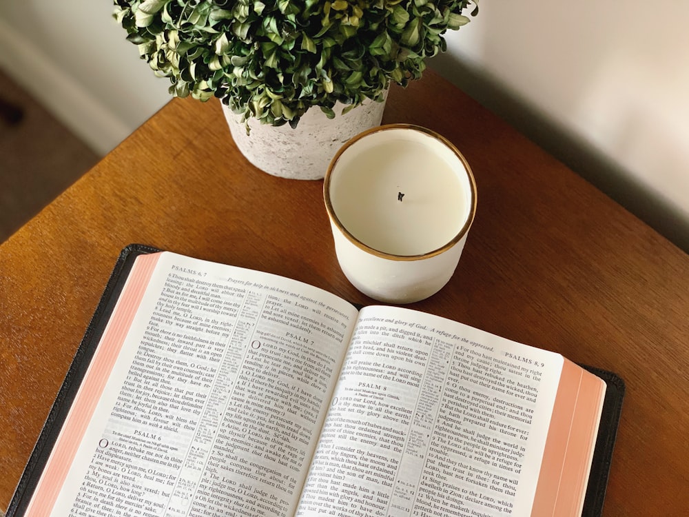 white book page beside green plant on brown wooden table