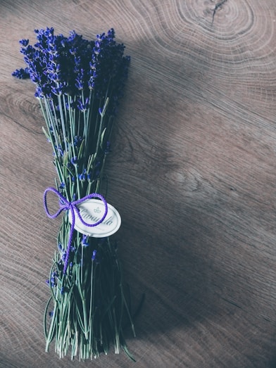 purple and green plant on brown wooden table