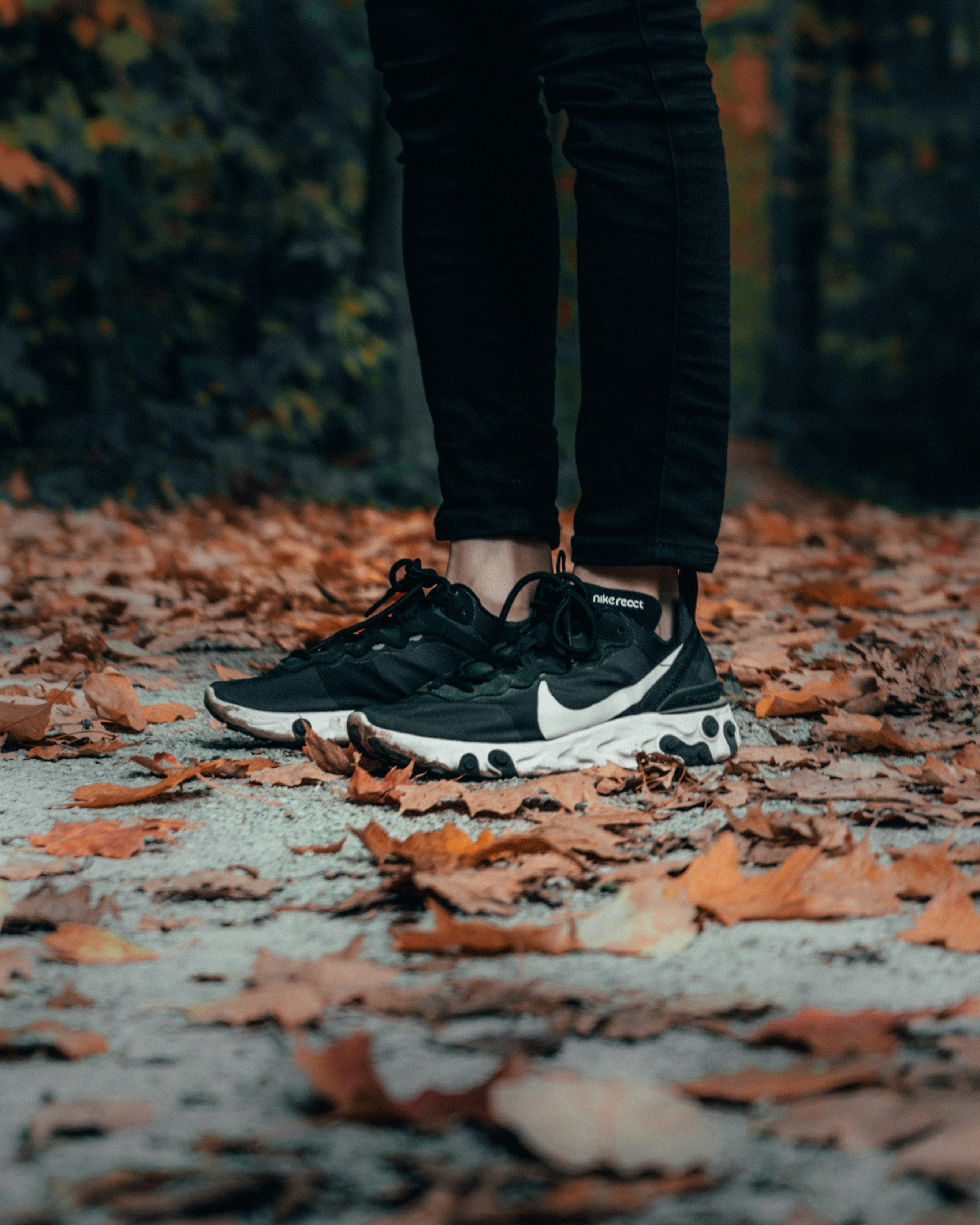person in black pants and black nike sneakers standing on brown dried leaves