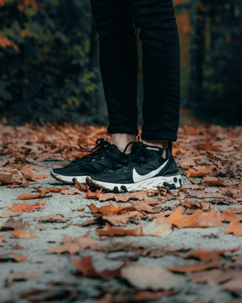 Foto persona con pantalones negros y zapatillas Nike negras sobre hojas  secas marrones – Imagen Caledón gratis en Unsplash