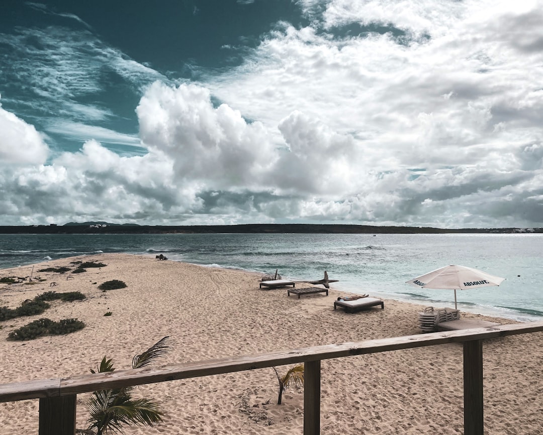 white and black beach lounge chairs on beach shore under blue and white sunny cloudy sky