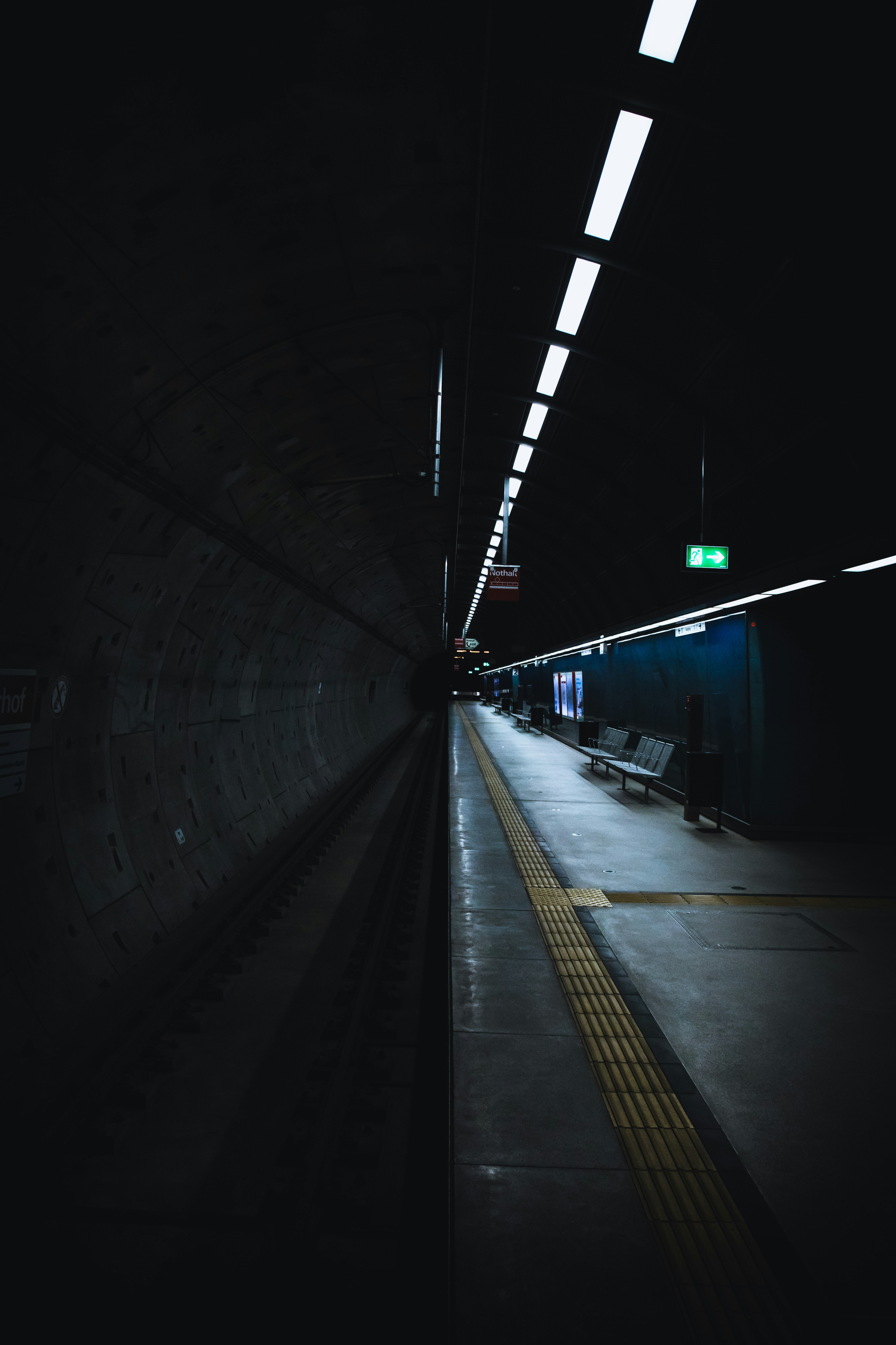 black and white train station