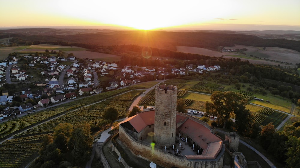 aerial view of city during sunset