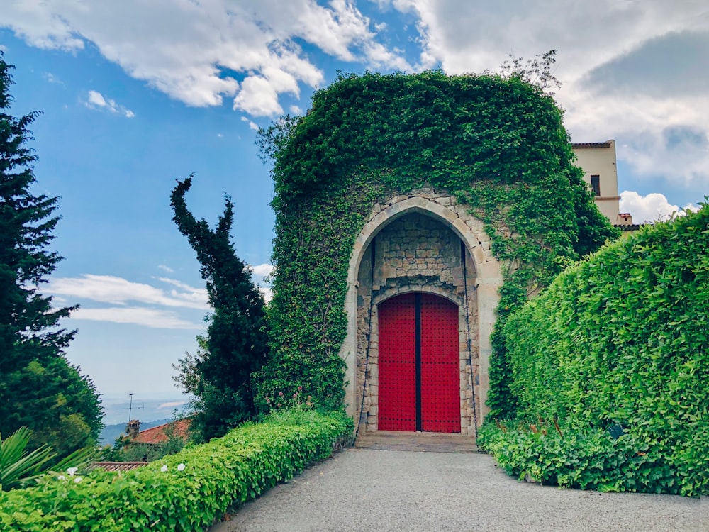 Porte en bois rouge sur un champ d’herbe verte