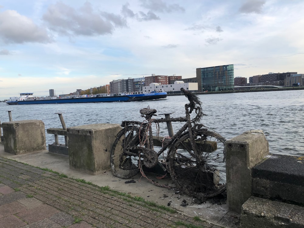 bicicleta preta estacionada ao lado do corpo de água durante o dia