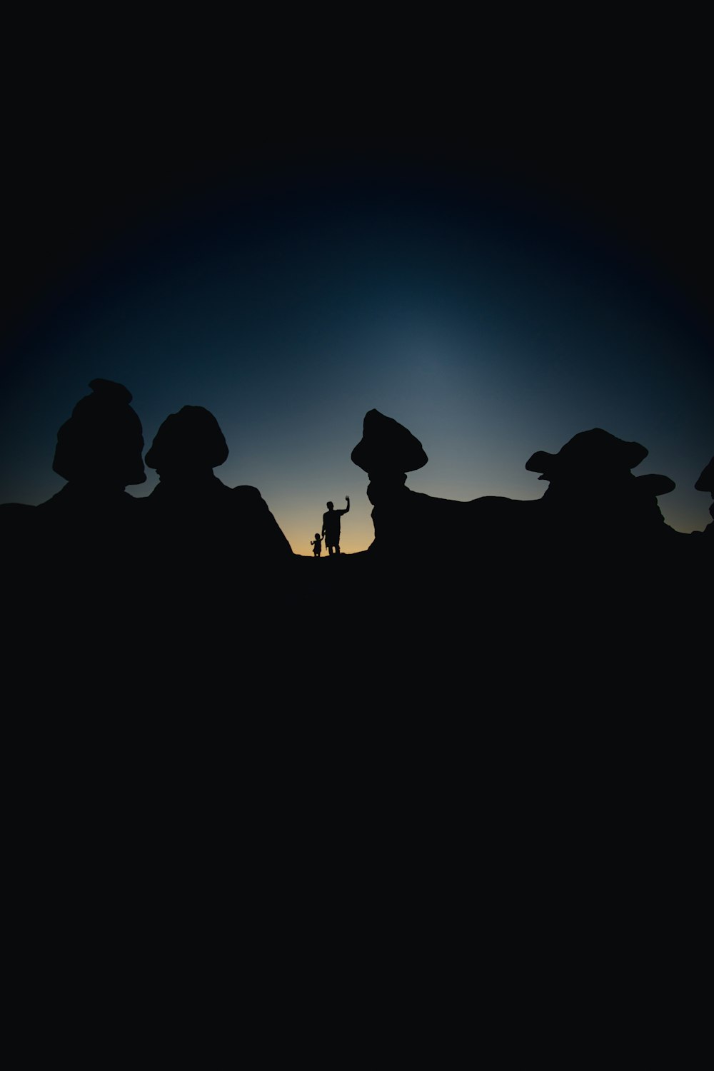 silhouette of people standing on hill during night time