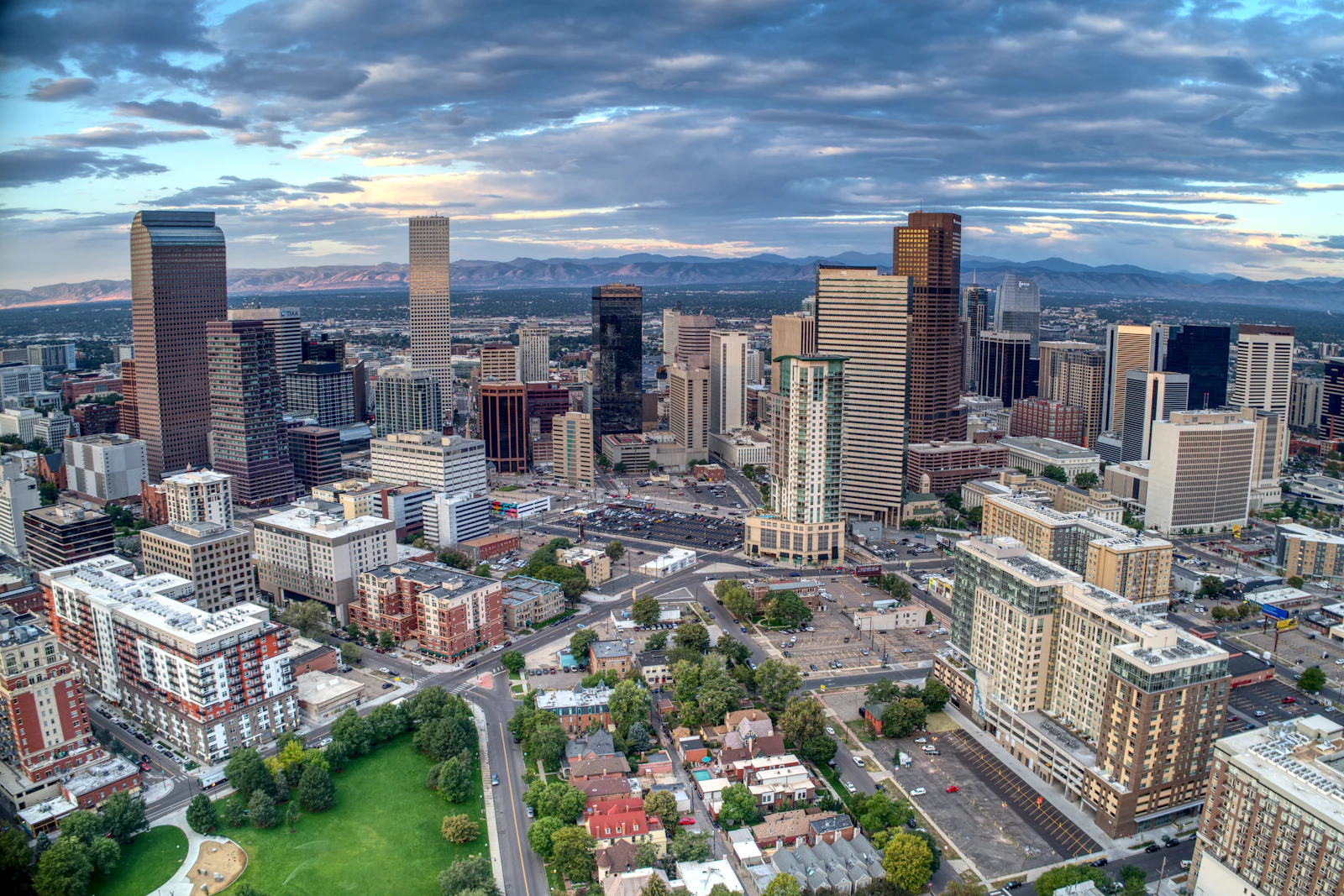 Downtown Denver skyscrapers at dusk