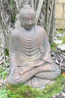 A stone statue of a seated Buddha in a meditative posture surrounded by lush green moss and foliage. The statue is positioned against a backdrop of tree roots, creating a natural, serene setting.