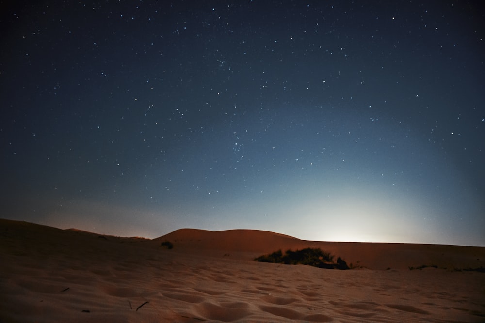 brown sand under blue sky during night time