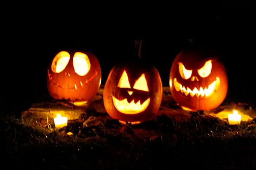 A chilling display of carved pumpkins glowing at night.