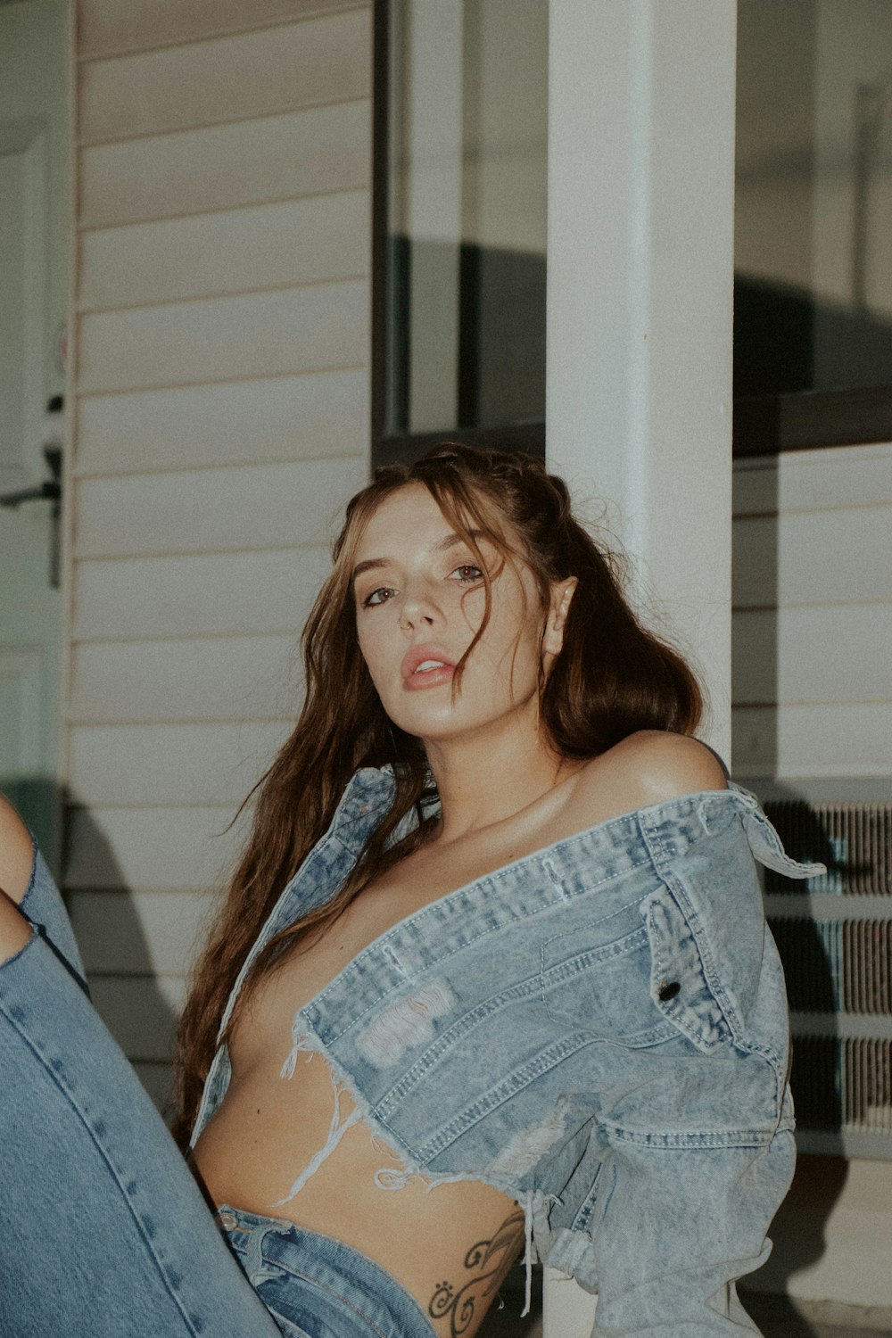 woman in blue denim jacket