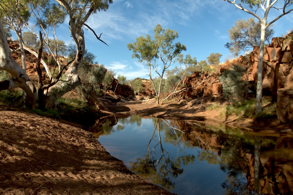 Wide open outback Australia landscape with red earth and blue sky