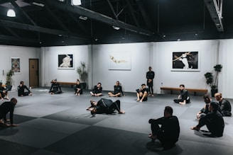 A group of people wearing martial arts uniforms are sitting on a large mat in a spacious room with high ceilings. The walls are adorned with art pieces and there are several potted plants placed around the room. The scene conveys a martial arts training session or class.