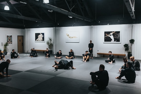 A group of people wearing martial arts uniforms are sitting on a large mat in a spacious room with high ceilings. The walls are adorned with art pieces and there are several potted plants placed around the room. The scene conveys a martial arts training session or class.