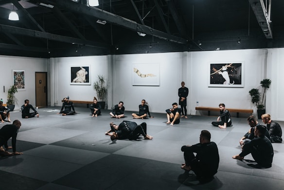 A group of people wearing martial arts uniforms are sitting on a large mat in a spacious room with high ceilings. The walls are adorned with art pieces and there are several potted plants placed around the room. The scene conveys a martial arts training session or class.