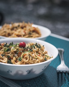 pasta dish on white ceramic bowl
