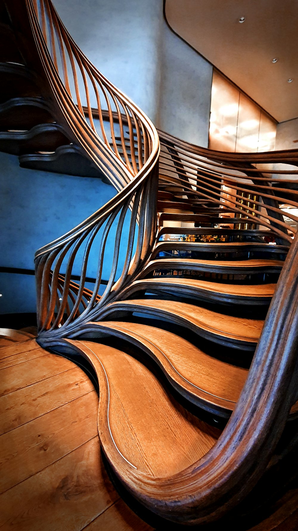 blue and brown wooden chair