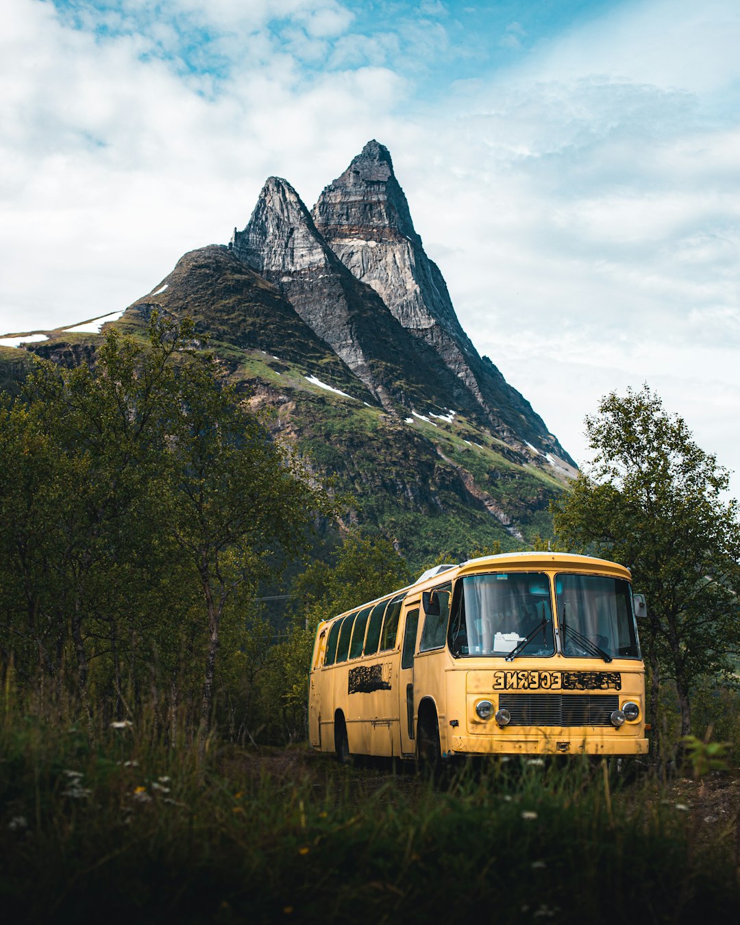 yellow bus on green grass near mountain during daytime