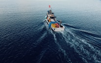 A fishing boat navigates through the calm waters, leaving a trail of waves behind. The vessel is carrying fishing gear and nets, and a flag is flying atop the boat.
