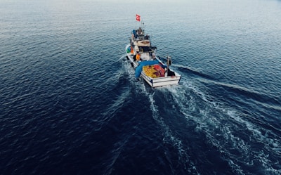 A fishing boat navigates through the calm waters, leaving a trail of waves behind. The vessel is carrying fishing gear and nets, and a flag is flying atop the boat.