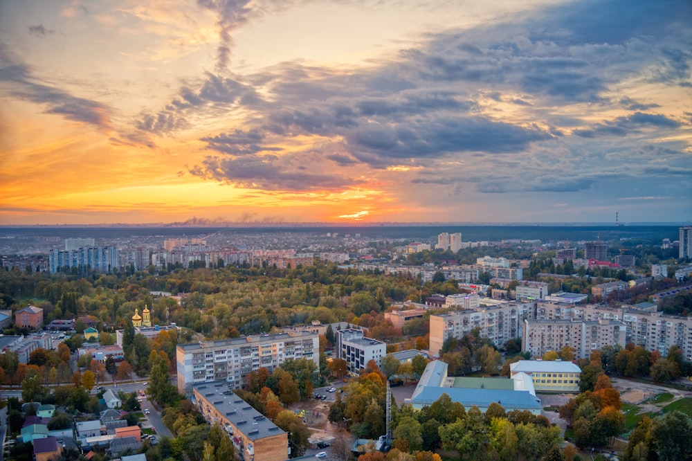 aerial view of city during sunset