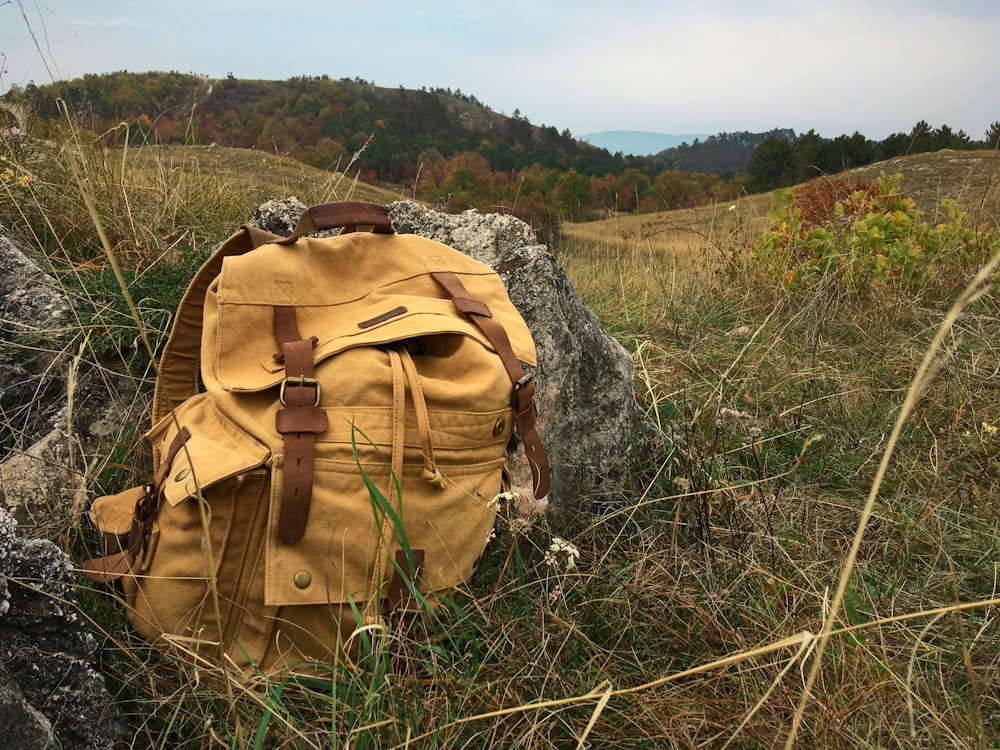 sac à dos marron sur un champ d’herbe verte