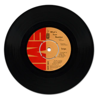 A black vinyl record with a red and orange EMI label