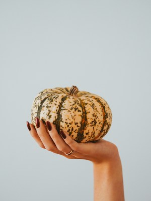 A hand with neatly manicured nails is holding a small, round pumpkin with a creamy white base and irregular green stripes. The background is a minimalist light blue, creating a clean and simple aesthetic.