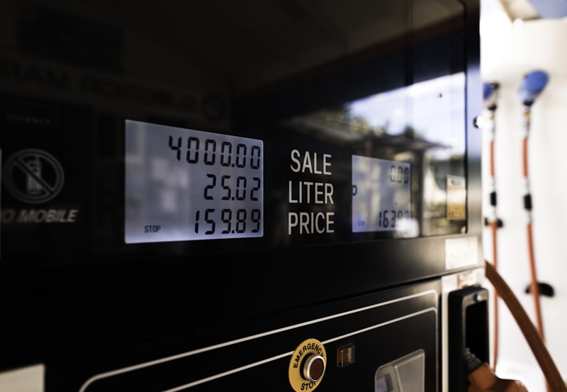 Fuel pump display showing sale amount, litres, and price