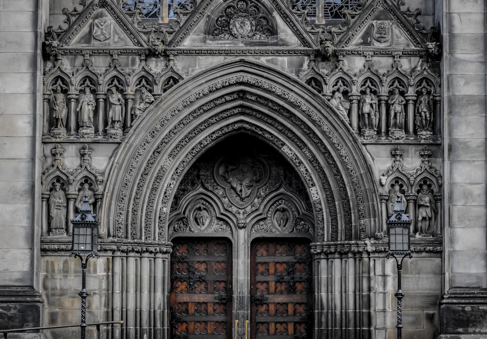 grey concrete building with brown wooden door