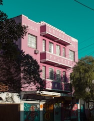 A pink three-story building with large white letters spelling out 'GOIANIA PALACE HOTEL.' It has several windows with white frames and air conditioning units attached. The building is surrounded by trees, and the lower part of the building features vibrant murals. Power lines run across the scene, and the sky is a deep teal color.
