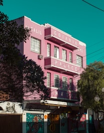 A pink three-story building with large white letters spelling out 'GOIANIA PALACE HOTEL.' It has several windows with white frames and air conditioning units attached. The building is surrounded by trees, and the lower part of the building features vibrant murals. Power lines run across the scene, and the sky is a deep teal color.