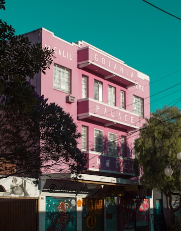 A pink three-story building with large white letters spelling out 'GOIANIA PALACE HOTEL.' It has several windows with white frames and air conditioning units attached. The building is surrounded by trees, and the lower part of the building features vibrant murals. Power lines run across the scene, and the sky is a deep teal color.