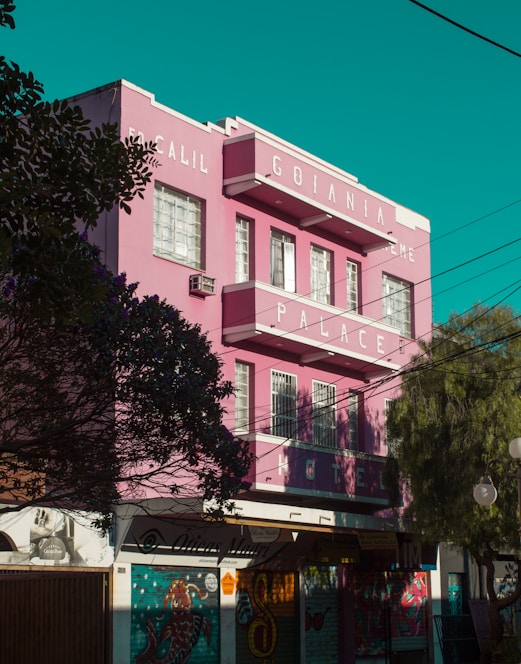 A pink three-story building with large white letters spelling out 'GOIANIA PALACE HOTEL.' It has several windows with white frames and air conditioning units attached. The building is surrounded by trees, and the lower part of the building features vibrant murals. Power lines run across the scene, and the sky is a deep teal color.