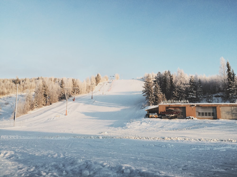 Casa marrón en suelo cubierto de nieve durante el día