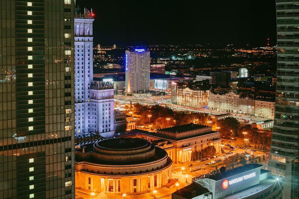 high rise buildings during night time