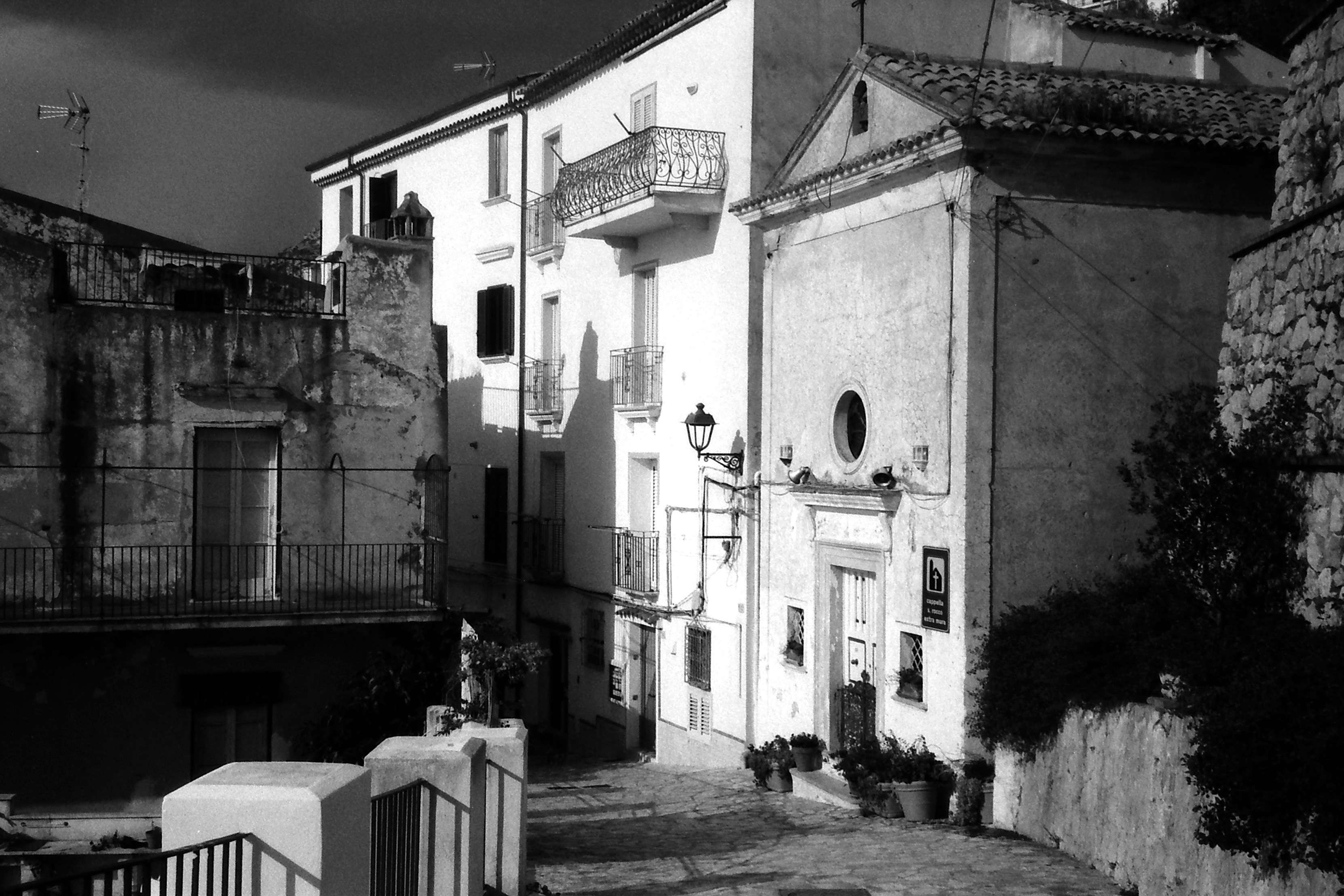 One of the narrow streets of the old beach town of Sperlonga, Lazio, Italy. Olympus 35 RC on Fomapan 200 B&W film.