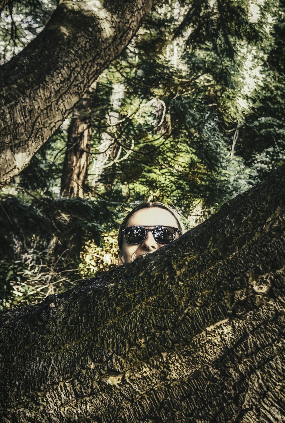 woman in black framed eyeglasses and brown scarf standing in front of brown tree