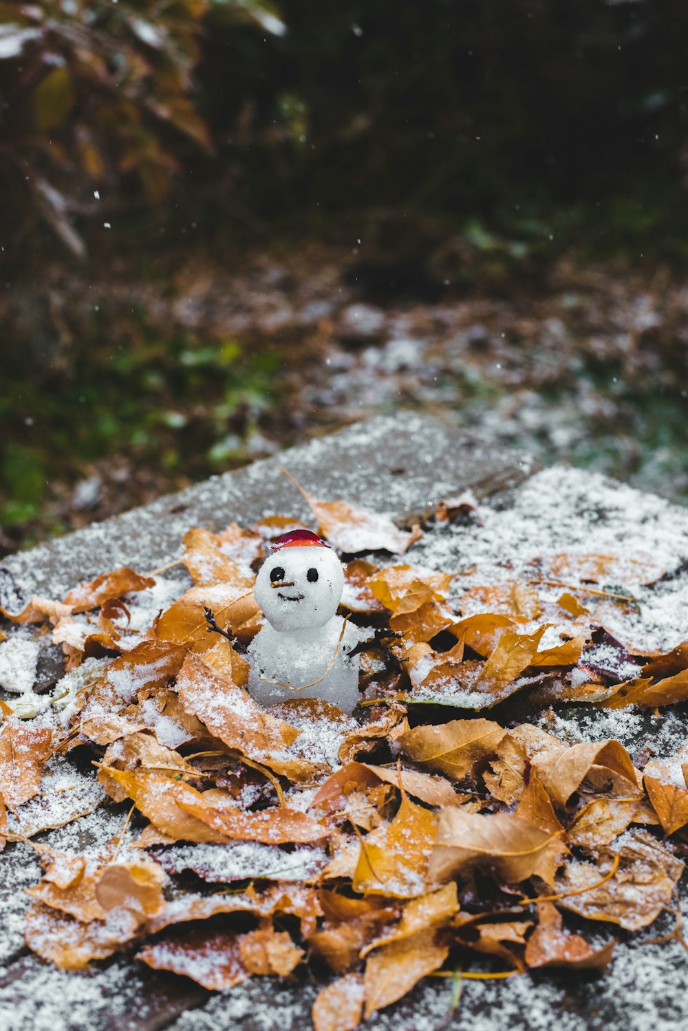 snowman figurine on brown dried leaves