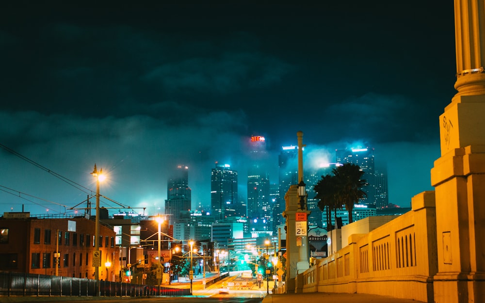 city skyline during night time