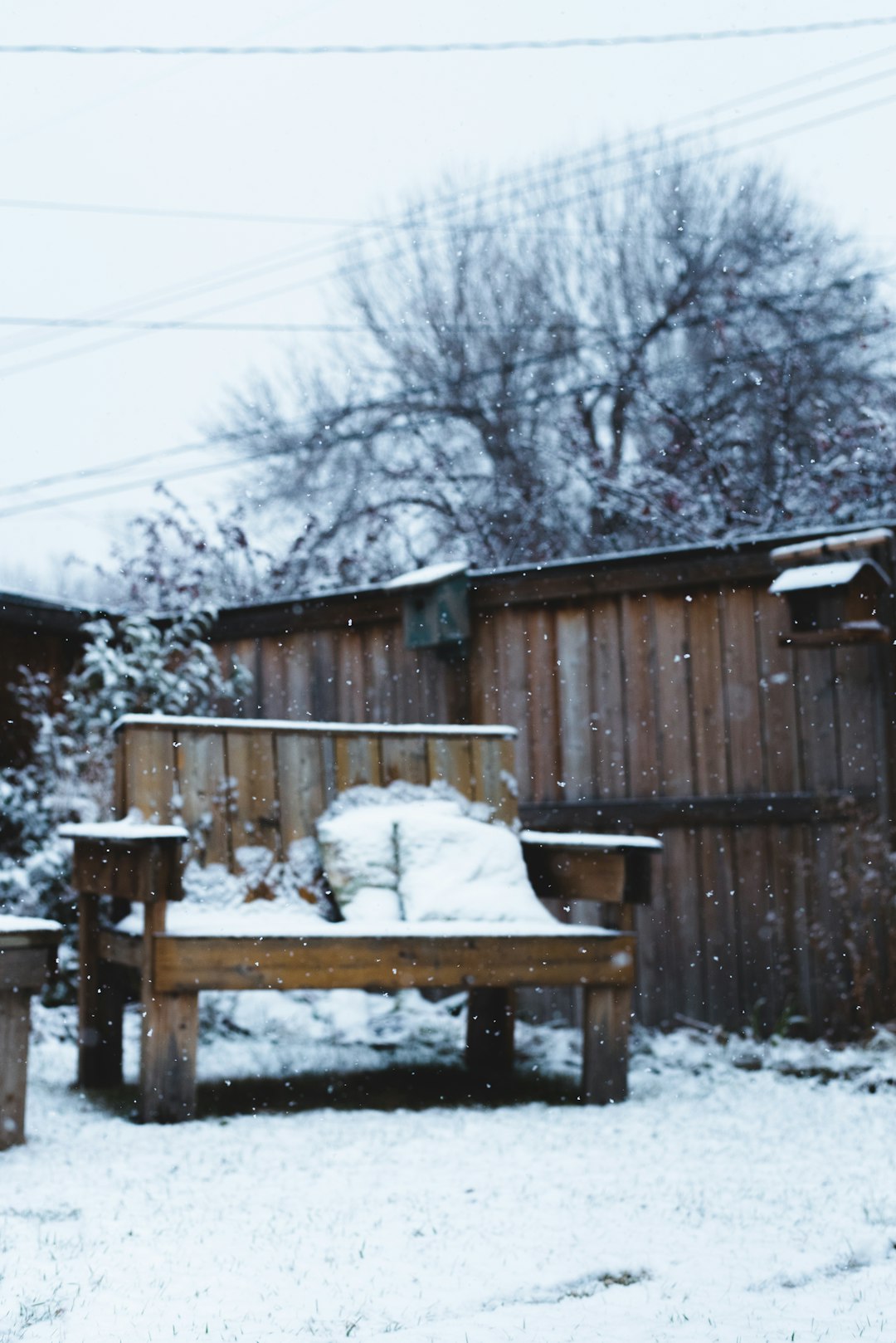 brown wooden bench on snow covered ground