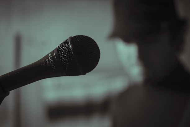 A moody, cinematic close-up of a vintage microphone with a smoky, dark background evoking a noir podcast vibe.