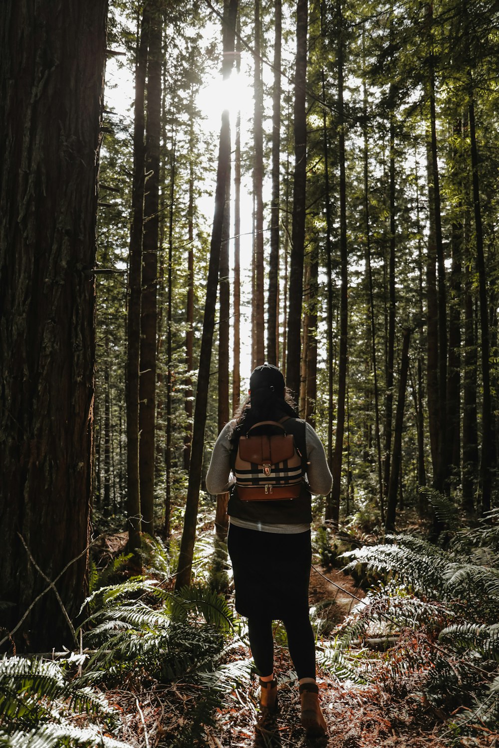 femme en sac à dos noir et orange debout dans les bois pendant la journée