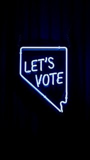 A neon sign in the shape of a state outline with the words 'LET'S VOTE' illuminated in bright blue against a dark background.