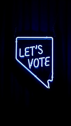 A neon sign in the shape of a state outline with the words 'LET'S VOTE' illuminated in bright blue against a dark background.
