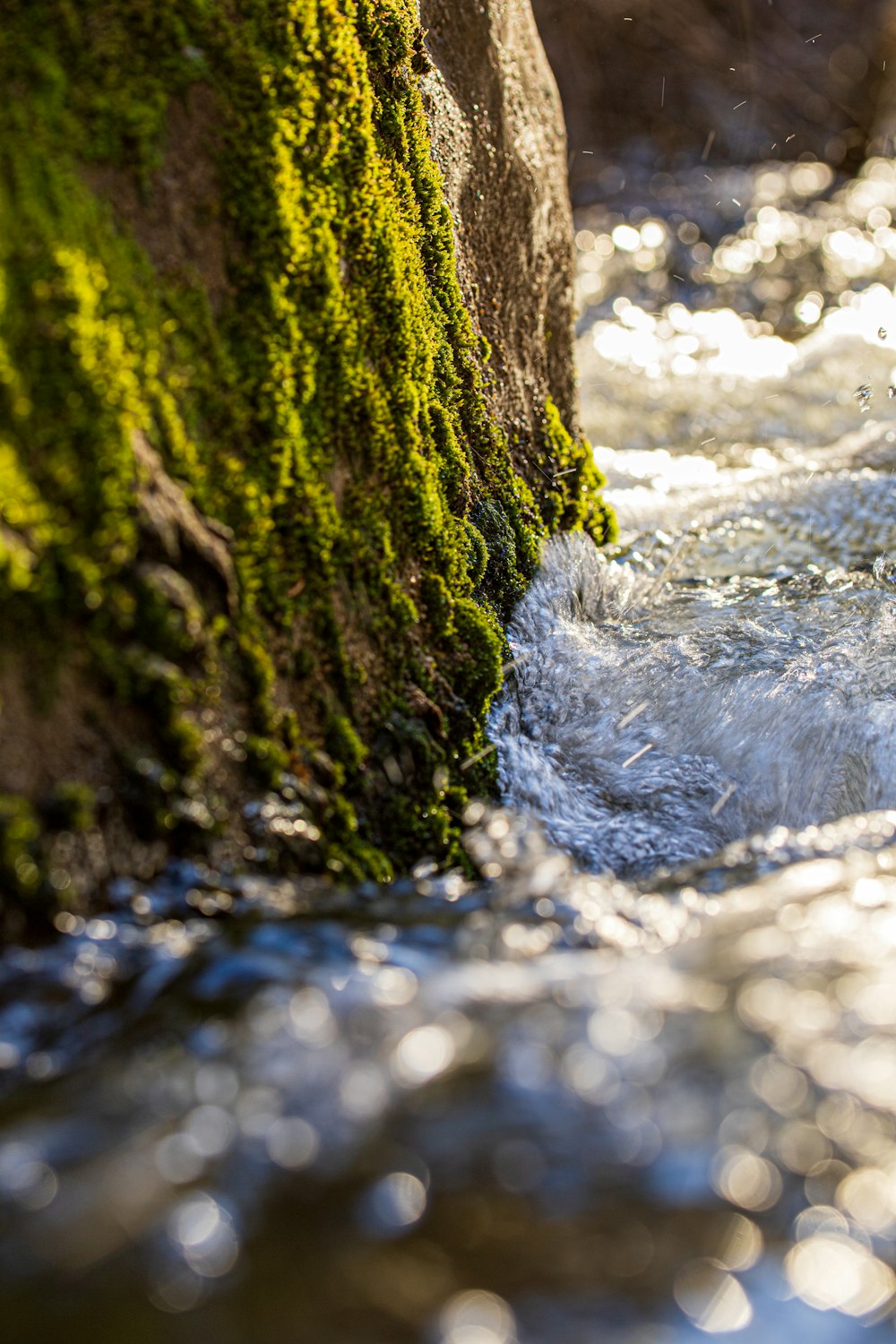 water flowing on gray rock