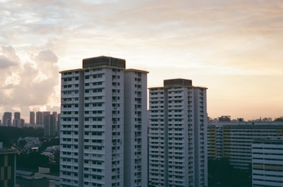 High-rise residential building exterior at sunset