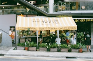 A small food stand with a yellow and white striped canopy offering Holland Fries, Beer & Snacks, and Soft Ice Cream. The stand is surrounded by various green potted plants, and several people are standing and sitting nearby. The establishment is located in front of a modern building, and a sign for 'Tiger Sugar' is visible to the right.