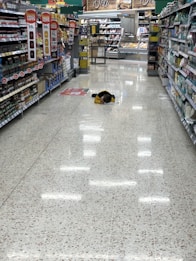 A supermarket aisle with shelves stocked with various products, price tags prominently displayed. A young child is lying face down on the floor in the middle of the aisle, wearing a yellow and black outfit. The background shows a deli section with a counter and more products.
