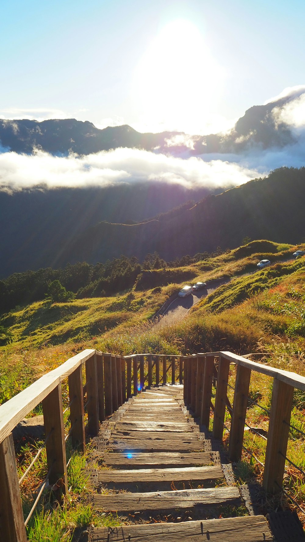 brown wooden bridge on green grass field near mountains during daytime